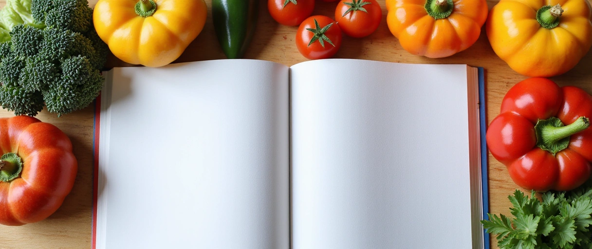 Ανοιχτό βιβλίο ή περιοδικό με θέμα την υγιεινή διατροφή, μαζί με φρέσκα φρούτα και λαχανικά σε ένα φωτεινό περιβάλλον.