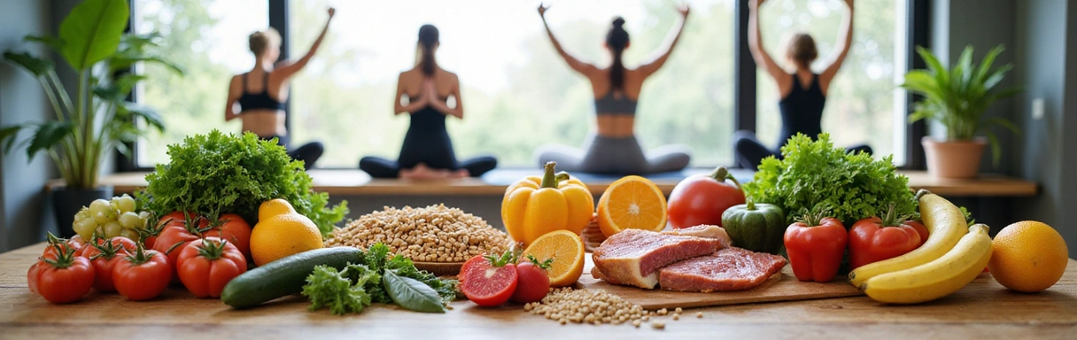 Εικόνα που απεικονίζει διάφορα υγιεινά τρόφιμα ή ανθρώπους που ασκούνται